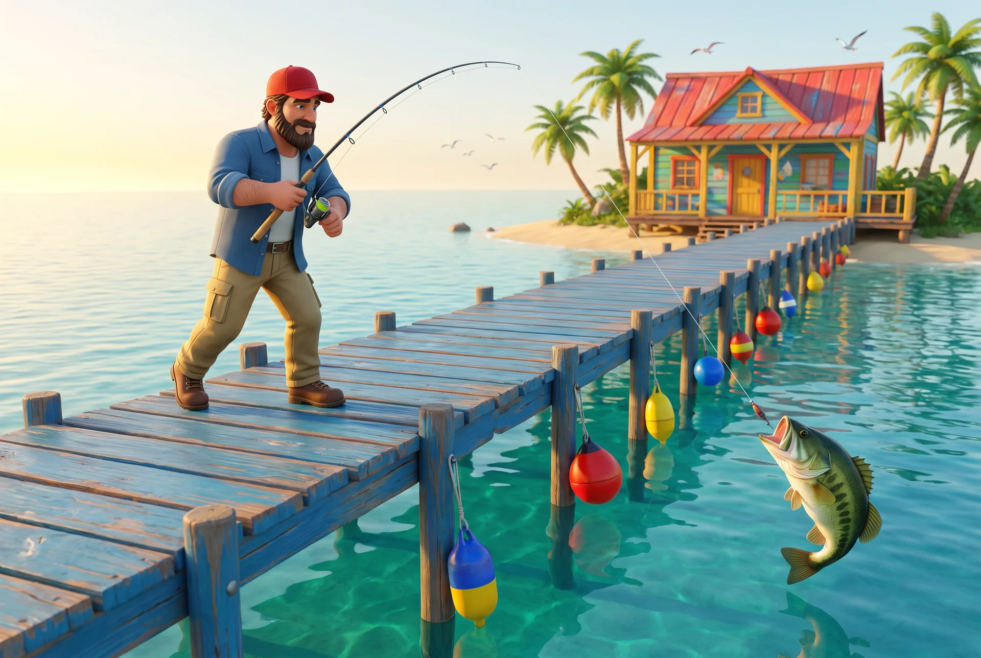 Stylised fictional bulletin scene for Blue Boardwalk, No Shortcut