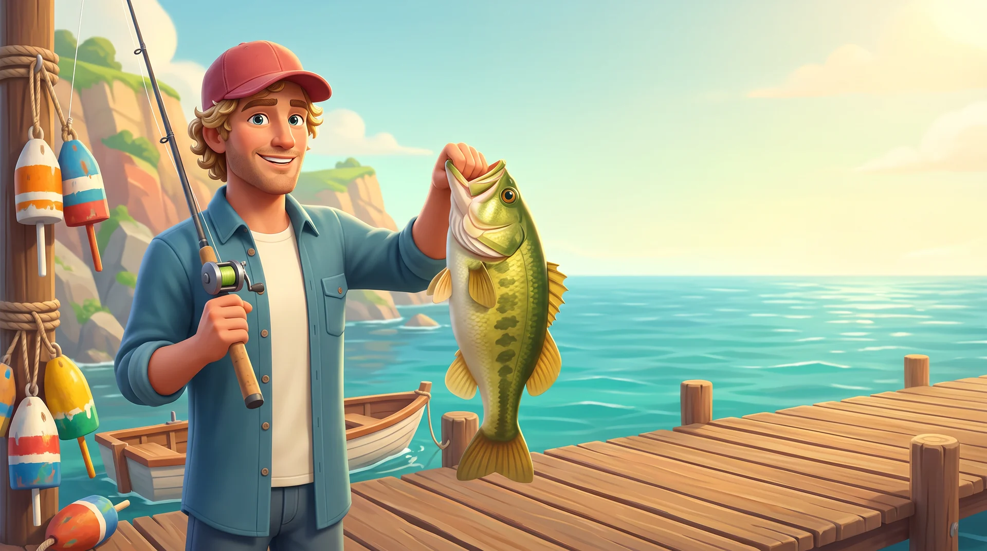 Fictional explorer-fisher at coastal clubhouse