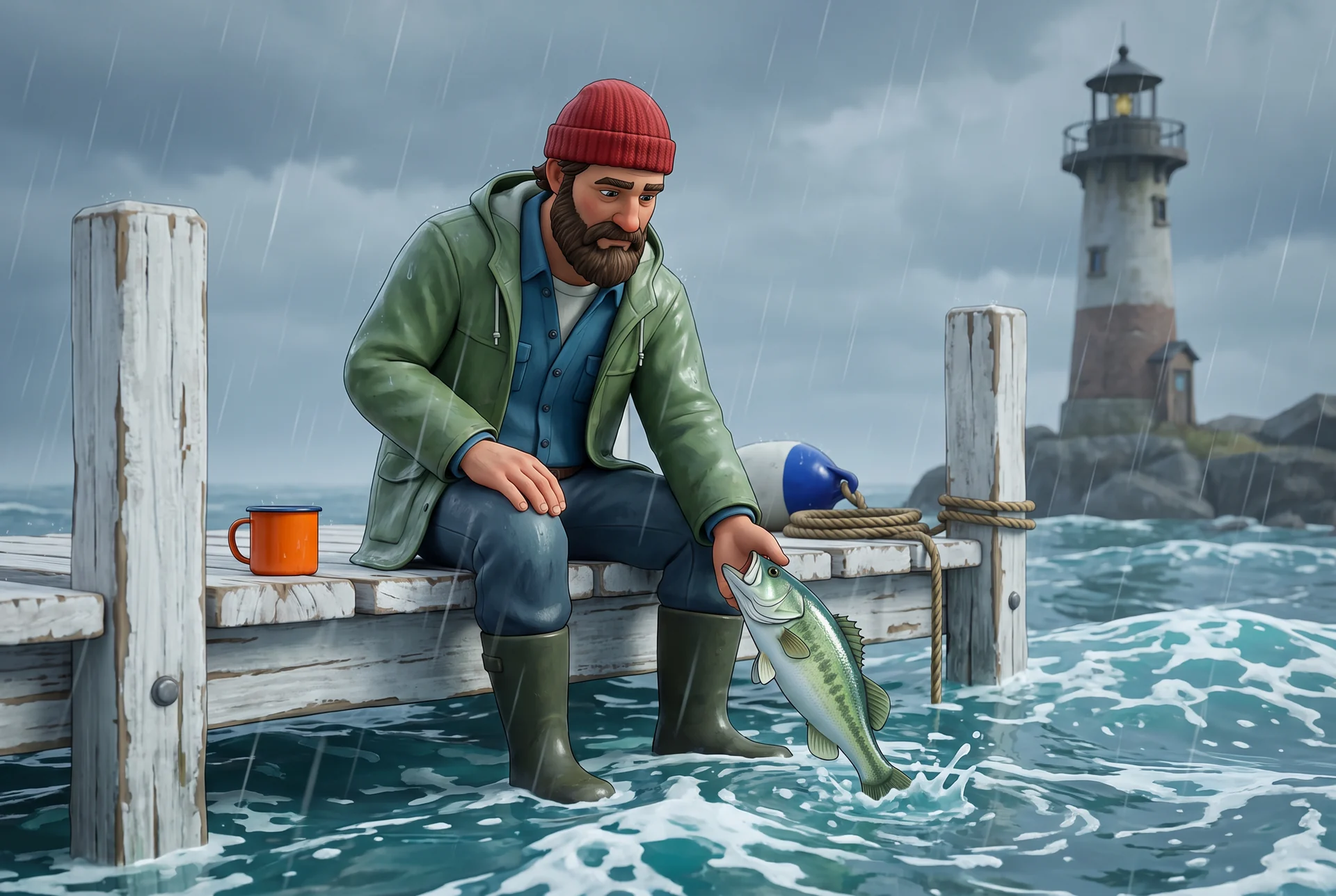 Stylised fictional bulletin scene for A Whitecap Rain Day